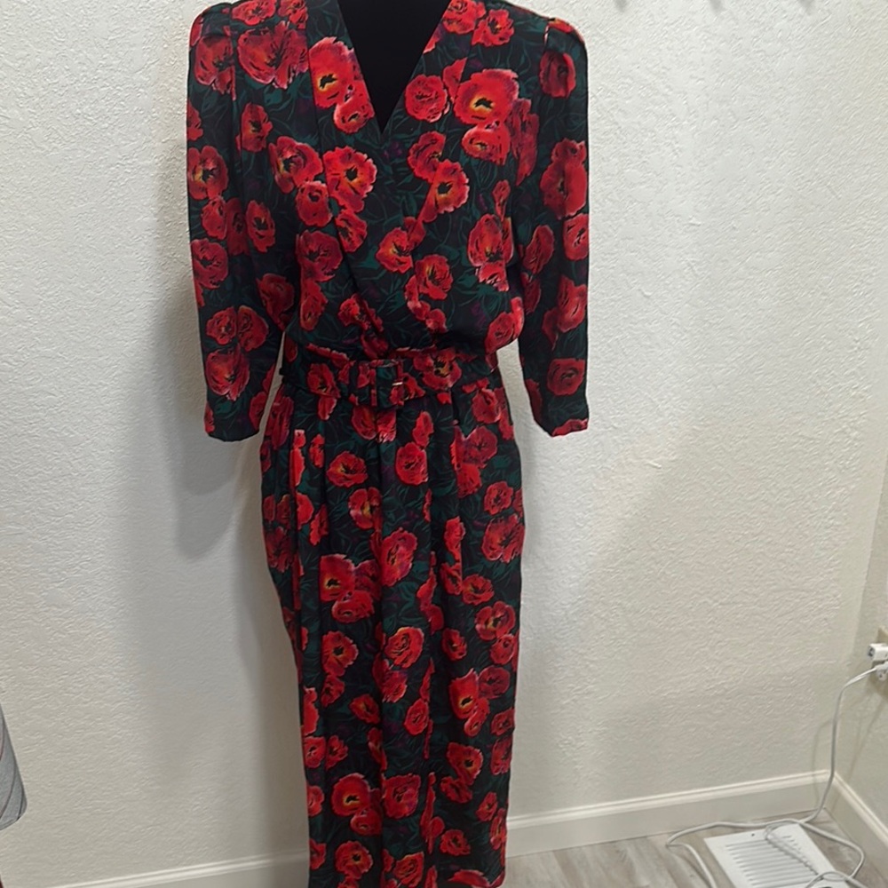Chic Vintage Red Floral Long Power Dress 3/4 Sleeve V-neck 10Tall